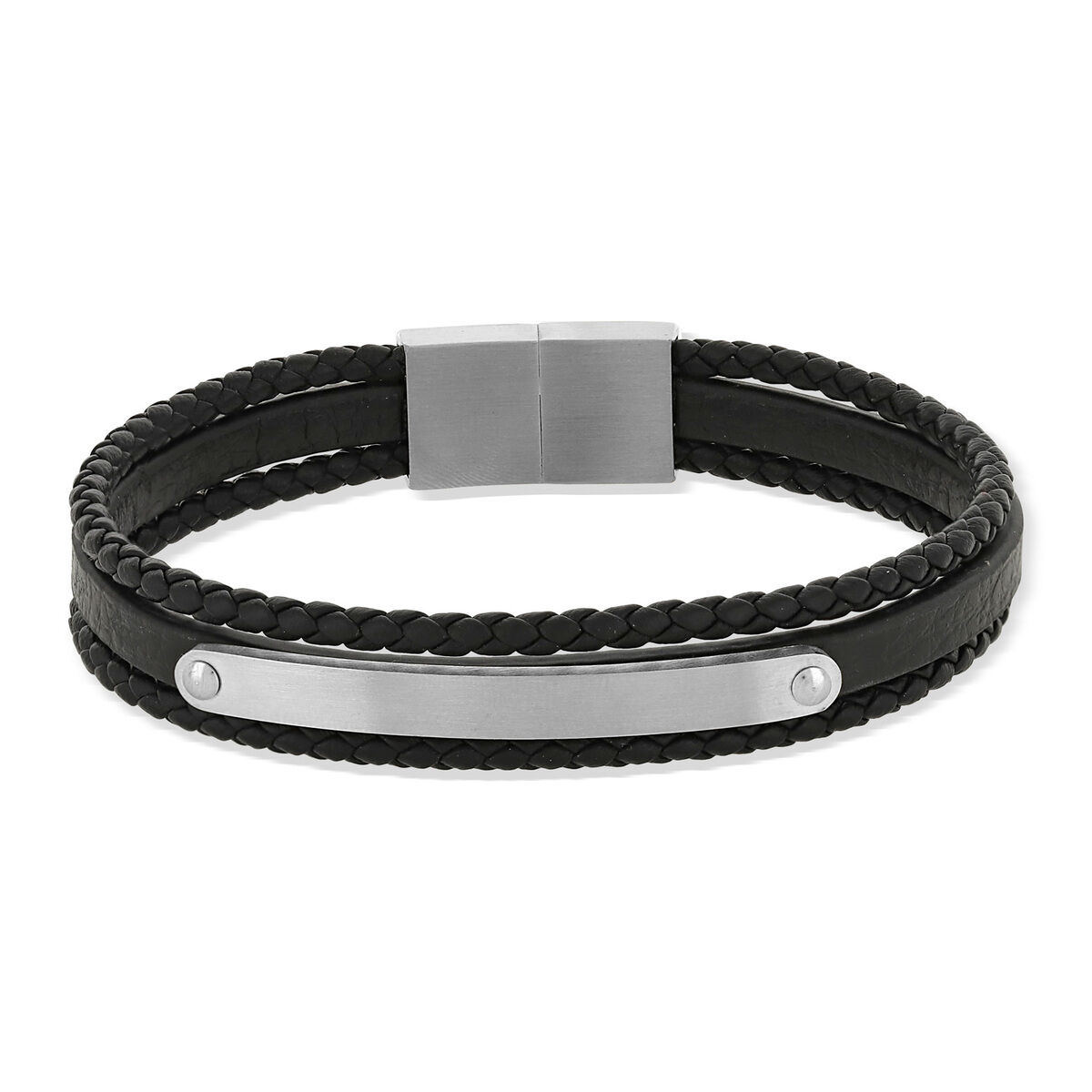 MATY Bracelet cuir vÃ©ritable acier multirangs noir- MATY