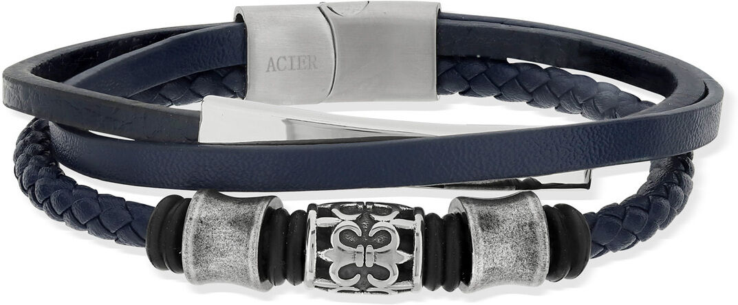 MATY Bracelet acier cuir bleu marine multirangs 22 cm- MATY