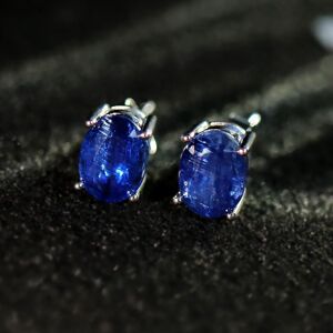 Bolaijewelry Ohrstecker Aus 925er-Sterlingsilber, Natürlicher Blauer Kyanit-Edelstein, Oval, 6 X 8 Mm, Feiner Schmuck Für Frauen Und Mädchen, Schönes Geschenk