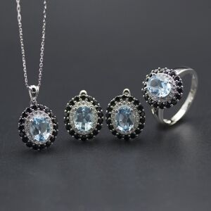 Bolaijewelry 100 % Natürlicher Blauer Topas-Schmuckset Aus Massivem 925er-Sterlingsilber, Oval, 9 X 7 Mm, Edelstein, Ring, Ohrringe, Anhänger, Damen, Klassisch