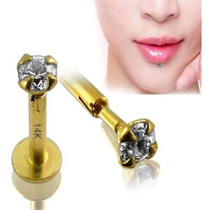 Siam Kody Piercing 14-Karätiger Gold-Edelstein-Lippen-Labret-Piercing-Schmuck Aus Hohlem Gelbgold Mit Zirkon-Cz-Quadrat, 2,0 Mm Fassung, 10 Mm Länge