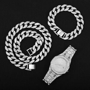 Variety Jewelry1 Hip Hop 15mm 3pcs Kit Silber Farbe Uhr + Halskette + Armband Bling Kristall Aaa + Iced Out Kubanischen Strass Ketten Für Männer Schmuck