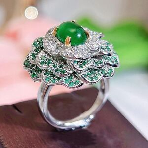 Cmm Jewelry Cmm Statement Big 3d Flower Verstellbarer Ring Micro Tiny Paved Oval Green Cz Zircon Cocktail Party Schmuck