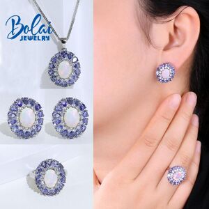 Bolaijewelry Luxuriöses Party-Silber-Schmuckset, Natürlicher Opal, Oval, 7 X 9 Mm, Blauer Tansanit, Verschluss, Ohrring, Edelstein, Ringe Aus 925er Sterlingsilber Für Frauen, Frau, Schönes Geschenk