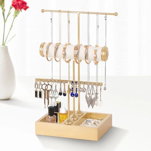 TODECO Schmuckständer, t Form Schmuckbaum Kettenständer Ohrringständer Schmuck Organizer 3 Ebenen mit Tablett für Ketten, Ohrringen, Ringen, Uhren,