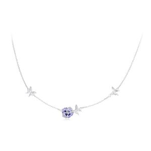 shopnbutik BSN336 Sterling Silver S925 White Gold Plated Zircon Stretchable Pansy Necklace Pendant