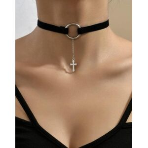 B4U svart choker silverkors Halsband NYHET)