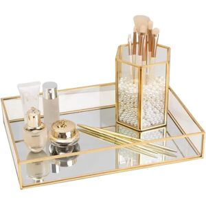 Guld spejlbakke Parfume Display Smykker Organizer Makeupbakke Serveringsbakker Smuk kunstindretning Spejlbakke Badeværelsesbakker (Guld, 20*14*3,5 cm)