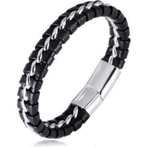 Børne drenge ægte læder armbånd Black.Titanium sølv kæde