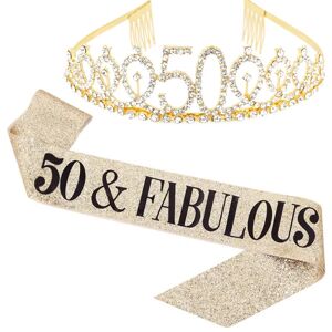 50 og Fabelagtig Sash & Rhinestone Tiara Sæt - 50-års Fødselsdag Sash 50 Fødselsdagsgaver Festfavoritter, guld