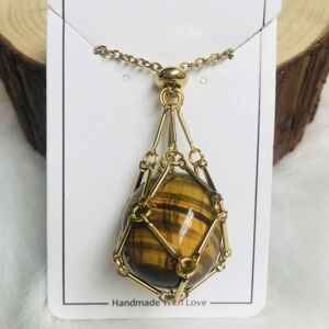 Crystal Holder Cage Halskæde Crystal Net Metal Halskæde GULD Gold Tiger Eye-Tiger Eye