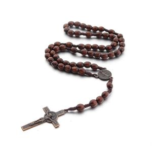 YIXI Katolsk kors rosenkrans halskæde, naturtræ bedeperler med medaljekors (mørkebrun)