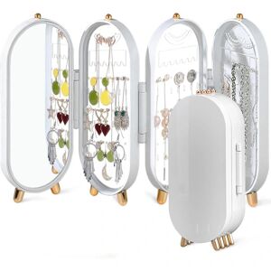 Opbevaringsstativ til smykkeskrin, øreringeholder med spejl og 4 døre, foldbar skærm til kvinder hængende halskæde, hvid