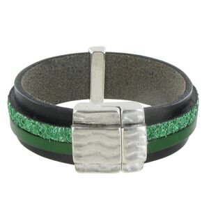 LES POULETTES BIJOUX Bracelet Cuir Noir et Deux Bandes - Classics - Vert