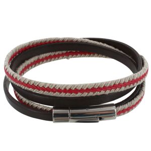 LES POULETTES BIJOUX Bracelet Homme Double Tour Cuir Marron Fonce Tresse en Lin Rouge et Beige