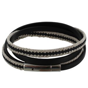 LES POULETTES BIJOUX Bracelet Homme Double Tour Cuir Noir Tresse en Lin Noir et Beige