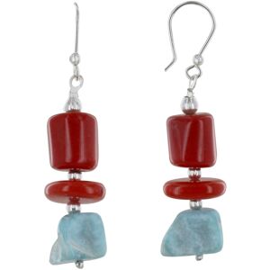 LES POULETTES BIJOUX Boucles d'Oreilles Argent Bambou Rouge et Pepites de Larimar