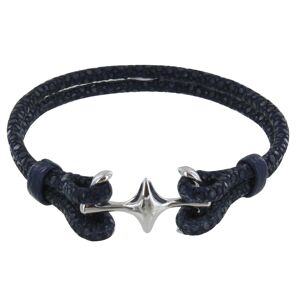 LES POULETTES BIJOUX Bracelet Mixte Rhodium Double Ancre et Cuir - 18cm Classics - Bleu Navy