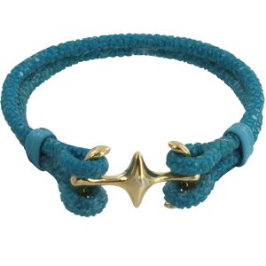 LES POULETTES BIJOUX Bracelet Mixte Rhodium Plaque Or Double Ancre et Cuir - 18cm Colors - Turquoise