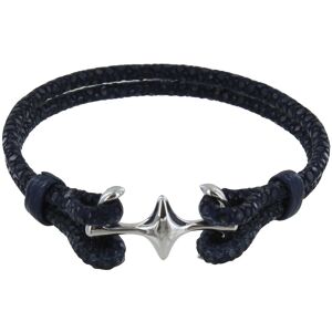 LES POULETTES BIJOUX Bracelet Mixte en Argent Rhodié Double Ancre et Cuir - 20cm - Bleu Navy