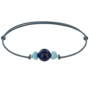 LES POULETTES BIJOUX Bracelet Lien Synthetique Perle de Lapis Lazuli Deux Anneaux de Larimar et d'Argent - Gris