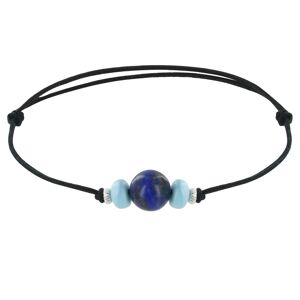LES POULETTES BIJOUX Bracelet Lien Synthetique Perle de Lapis Lazuli Deux Anneaux de Larimar et d'Argent