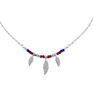 LES POULETTES BIJOUX Collier Argent Rhodie Petite Plume et Perles Bleu Rouge Turquoise