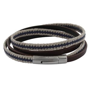 LES POULETTES BIJOUX Bracelet Homme Double Tour Cuir Marron Fonce Tresse en Lin Bleu et Beige