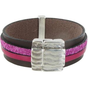 LES POULETTES BIJOUX Bracelet Cuir Marron et Deux Bandes - Classics - Fuchsia