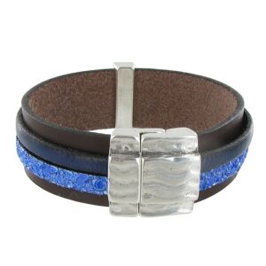 LES POULETTES BIJOUX Bracelet Cuir Marron et Deux Bandes - Classics - Bleu Navy