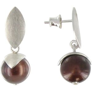 LES POULETTES BIJOUX Boucles d'Oreilles Argent Rhodié Feuilles Perle de Culture - Classics - Marron foncé