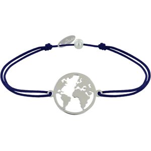 LES POULETTES BIJOUX Bracelet Lien Medaille Argent Ronde Mappemonde - Bleu Navy