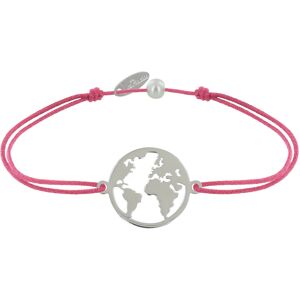 LES POULETTES BIJOUX Bracelet Lien Medaille Argent Ronde Mappemonde - Fuchsia