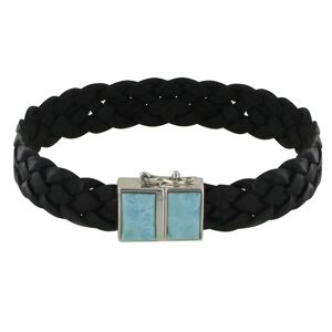 LES POULETTES BIJOUX Bracelet Homme Tresse Cuir Noir et Deux Rectangles de Larimar