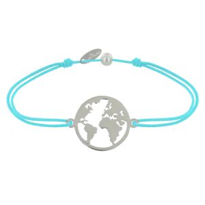 LES POULETTES BIJOUX Bracelet Lien Medaille Argent Ronde Mappemonde - Turquoise