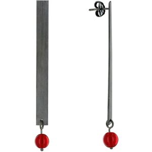 LES POULETTES BIJOUX Boucles d'Oreilles Clous Ruthenium Rectangle Plat et Perle de Verre - Rouge