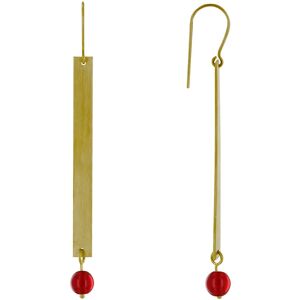 LES POULETTES BIJOUX Boucles d'Oreilles Crochet Laiton Rectangle Plat et Perle de Verre - Rouge