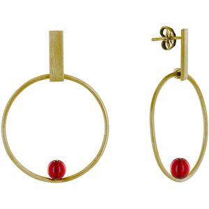 LES POULETTES BIJOUX Boucles d'Oreilles Clous Laiton Rectangle Plat Cercle et Perle de Verre - Rouge