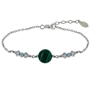 LES POULETTES BIJOUX Bracelet Argent Rhodie Un Bouton de Malachite Deux Perles de Larimar Facettees et Perles Argent