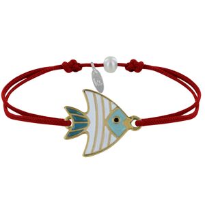 LES POULETTES BIJOUX Bracelet Lien Medaille en Laiton Poisson Émaillee Blanche et Turquoise - Rouge