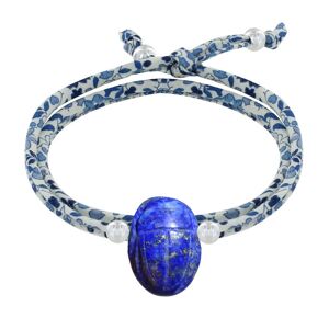 LES POULETTES BIJOUX Bracelet Double Tour Lien Liberty Talisman Scarabee Lapis Lazuli et Perles Argent