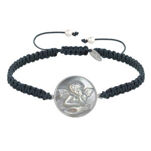 LES POULETTES BIJOUX Bracelet Lien Tresse Medaille Ronde Argent et Nacre Ange Raphael - Gris