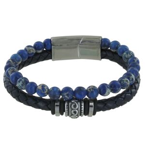 LES POULETTES BIJOUX Bracelet Acier Homme Cuir Noir et Perles de Jaspe Bleu