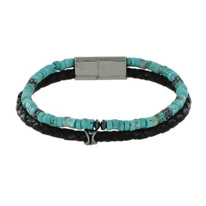 LES POULETTES BIJOUX Bracelet Acier Homme Cuir Noir et Anneaux Turquoise