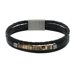 LES POULETTES BIJOUX Bracelet Acier Homme Cuir Noir Trois Liens et Anneaux Oeil de Tigre