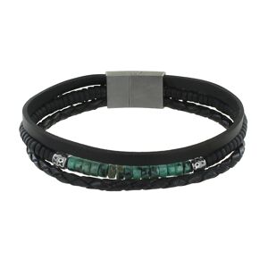 LES POULETTES BIJOUX Bracelet Acier Homme Cuir Noir et Anneaux Howlite Verte