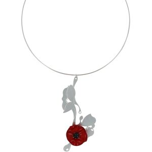 LES POULETTES BIJOUX Collier Metal Argente Bouquet de Fleurs Coquelicot Ceramique Rouge Avec Pistil