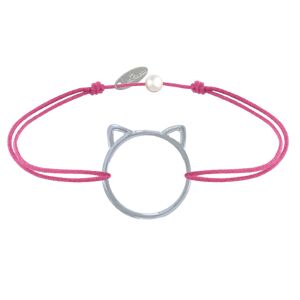 LES POULETTES BIJOUX Bracelet Lien Medaille Argent Tete de Chat Ajoure - Fuchsia