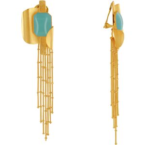 LES POULETTES BIJOUX Boucles d'Oreilles Clip Laiton Dore Formes Incurves et Long Fils Pendant - Turquoise