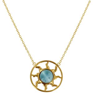 LES POULETTES BIJOUX Collier Plaque Or Medaille Ronde Soleil Ajoure et Demi Perle de Larimar